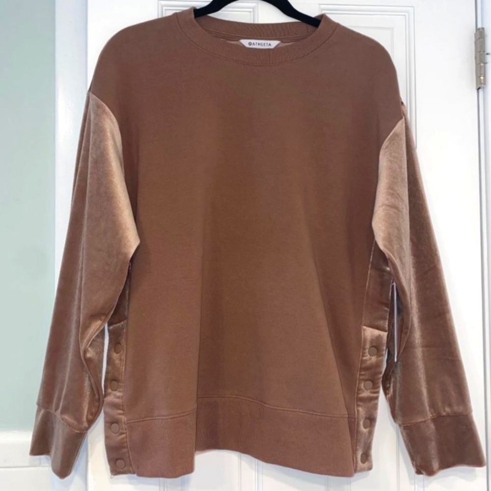 Athleta Retroplush Velvet Crewneck Sweatshirt Side Snaps, Large NWT